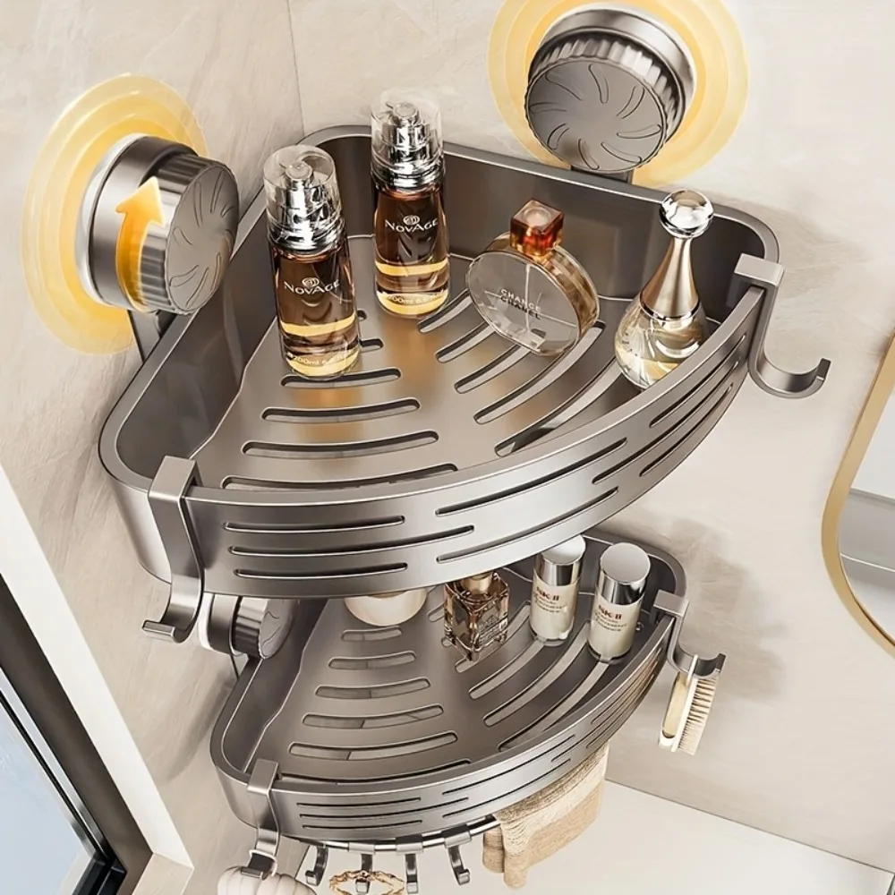 Triangular Space-Saving Suction Cup Bathroom Storage Shelf No Drilling Required Multifunctional Storage Organizer with Hooks Triangular Space-Saving Suction Cup Bathroom Storage Shelf No Drilling Required Multifunctional Storage Organizer with Hooks