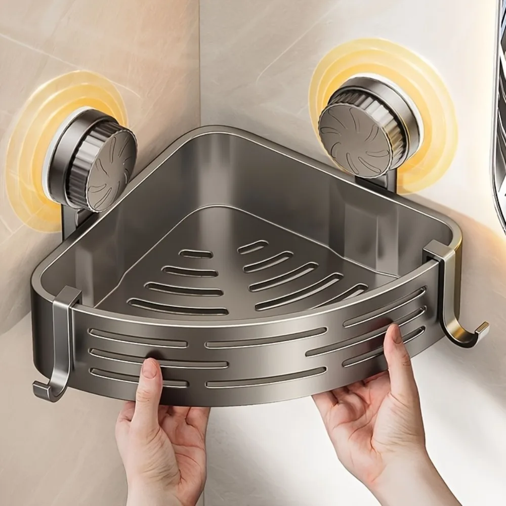 Triangular Space-Saving Suction Cup Bathroom Storage Shelf No Drilling Required Multifunctional Storage Organizer with Hooks Triangular Space-Saving Suction Cup Bathroom Storage Shelf No Drilling Required Multifunctional Storage Organizer with Hooks