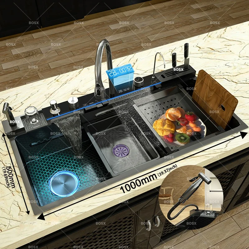 Waterfall Stainless Steel Kitchen Sink Multifunction Digital Display Faucet Wash Dish and Vegetables Basin Large Single Slot Color : 68x45CM-FM-Silver|75x45CM-FM-Silver|80x45CM-FM-Silver|100X50CM-KX-Golden|68x46CM-FM-Right|75x46CM-FM-Right|80x46CM-FM-Right|88X48CM-KH-Right|100x46CM-KZ-Right|88X48CM-KI-Left|100X50CM-KX-Silver|100X50CM-KY-Left|100X50CM-KX-Right Waterfall Stainless Steel Kitchen Sink Multifunction Digital Display Faucet Wash Dish and Vegetables Basin Large Single Slot Color : 68x45CM-FM-Silver|75x45CM-FM-Silver|80x45CM-FM-Silver|100X50CM-KX-Golden|68x46CM-FM-Right|75x46CM-FM-Right|80x46CM-FM-Right|88X48CM-KH-Right|100x46CM-KZ-Right|88X48CM-KI-Left|100X50CM-KX-Silver|100X50CM-KY-Left|100X50CM-KX-Right