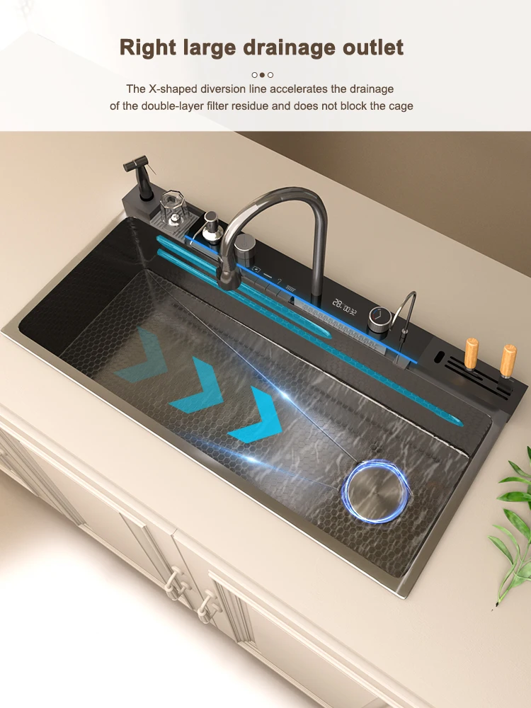 Waterfall Stainless Steel Kitchen Sink Multifunction Digital Display Faucet Wash Dish and Vegetables Basin Large Single Slot Waterfall Stainless Steel Kitchen Sink Multifunction Digital Display Faucet Wash Dish and Vegetables Basin Large Single Slot