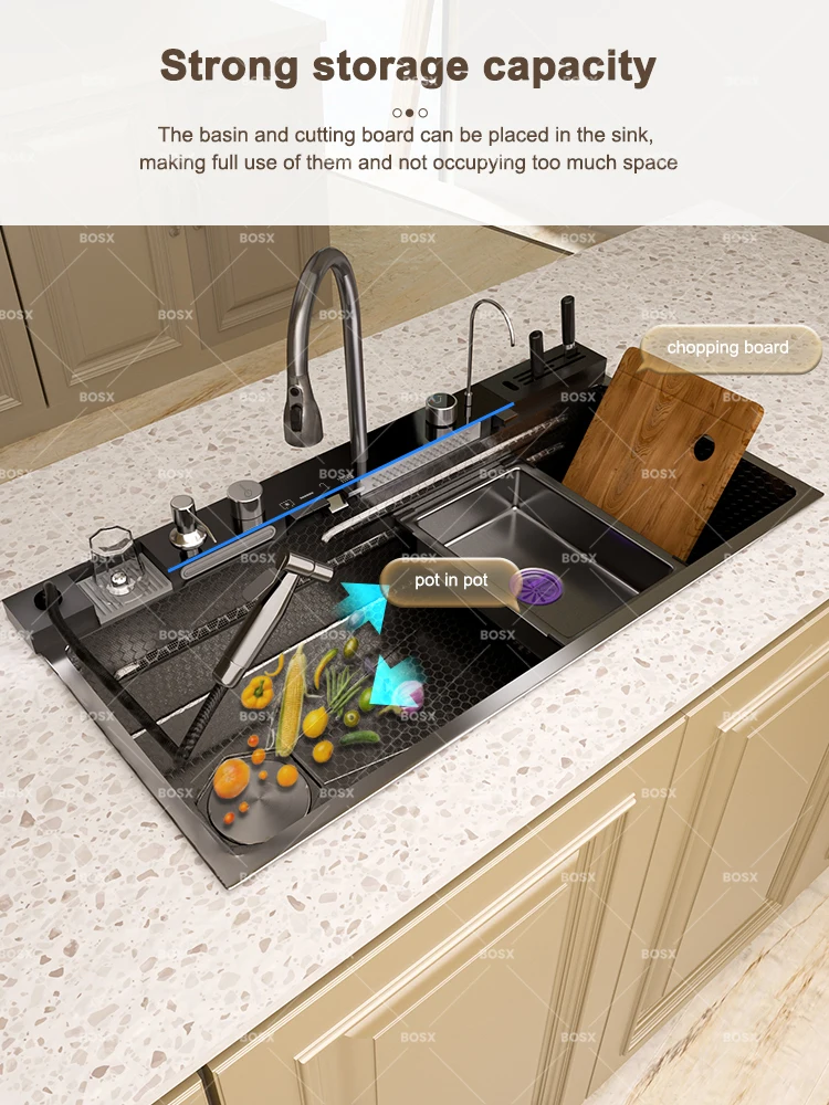 Waterfall Stainless Steel Kitchen Sink Multifunction Digital Display Faucet Wash Dish and Vegetables Basin Large Single Slot Waterfall Stainless Steel Kitchen Sink Multifunction Digital Display Faucet Wash Dish and Vegetables Basin Large Single Slot