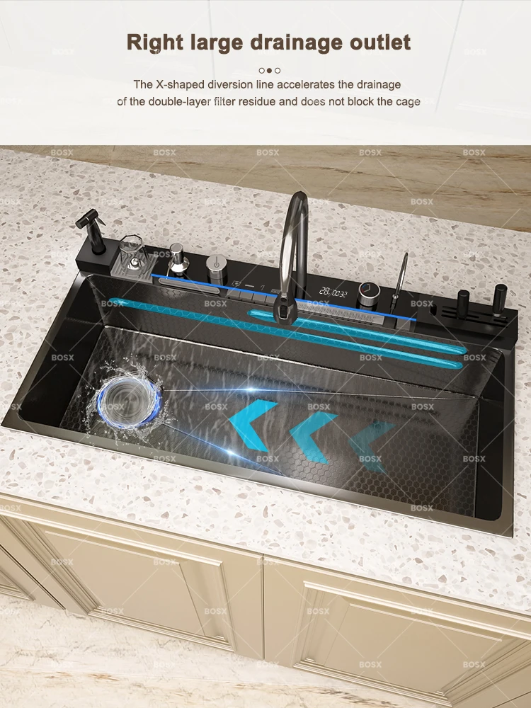 Waterfall Stainless Steel Kitchen Sink Multifunction Digital Display Faucet Wash Dish and Vegetables Basin Large Single Slot Waterfall Stainless Steel Kitchen Sink Multifunction Digital Display Faucet Wash Dish and Vegetables Basin Large Single Slot