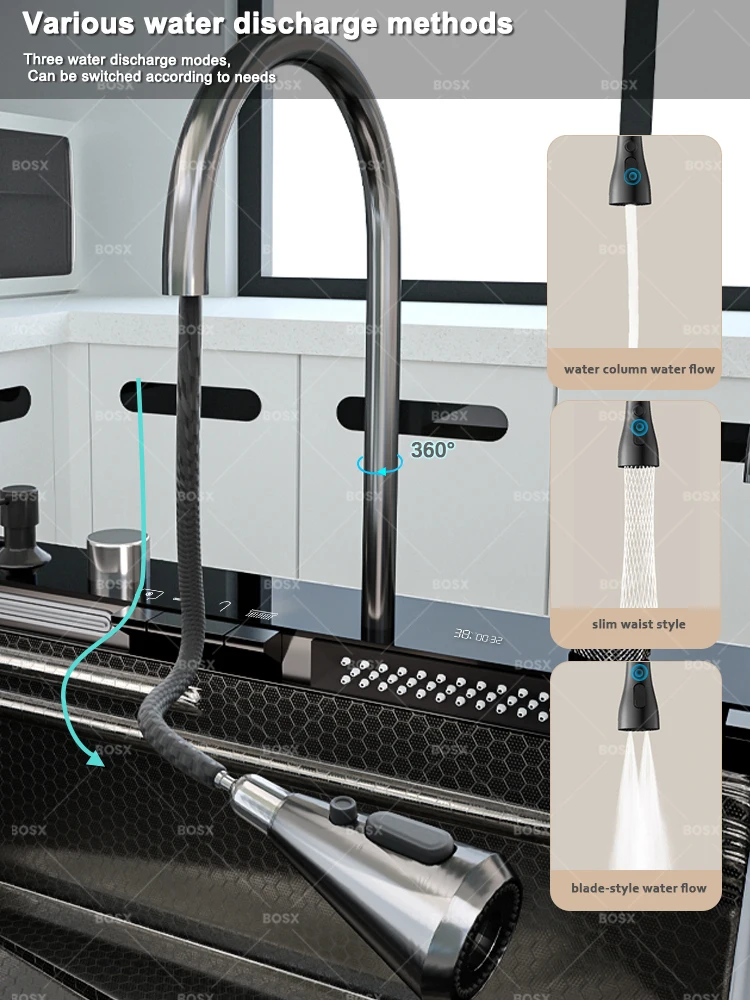 Waterfall Stainless Steel Kitchen Sink Multifunction Digital Display Faucet Wash Dish and Vegetables Basin Large Single Slot Waterfall Stainless Steel Kitchen Sink Multifunction Digital Display Faucet Wash Dish and Vegetables Basin Large Single Slot