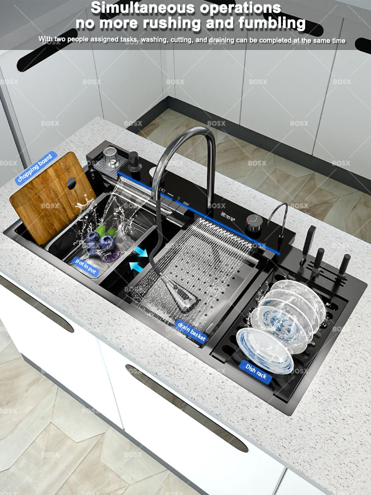 Waterfall Stainless Steel Kitchen Sink Multifunction Digital Display Faucet Wash Dish and Vegetables Basin Large Single Slot Waterfall Stainless Steel Kitchen Sink Multifunction Digital Display Faucet Wash Dish and Vegetables Basin Large Single Slot