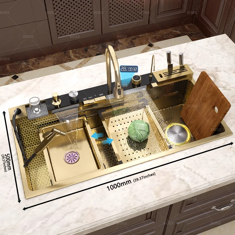 Waterfall Stainless Steel Kitchen Sink Multifunction Digital Display Faucet Wash Dish and Vegetables Basin Large Single Slot Color : 68x45CM-FM-Silver|75x45CM-FM-Silver|80x45CM-FM-Silver|100X50CM-KX-Golden|68x46CM-FM-Right|75x46CM-FM-Right|80x46CM-FM-Right|88X48CM-KH-Right|100x46CM-KZ-Right|88X48CM-KI-Left|100X50CM-KX-Silver|100X50CM-KY-Left|100X50CM-KX-Right Waterfall Stainless Steel Kitchen Sink Multifunction Digital Display Faucet Wash Dish and Vegetables Basin Large Single Slot Color : 68x45CM-FM-Silver|75x45CM-FM-Silver|80x45CM-FM-Silver|100X50CM-KX-Golden|68x46CM-FM-Right|75x46CM-FM-Right|80x46CM-FM-Right|88X48CM-KH-Right|100x46CM-KZ-Right|88X48CM-KI-Left|100X50CM-KX-Silver|100X50CM-KY-Left|100X50CM-KX-Right