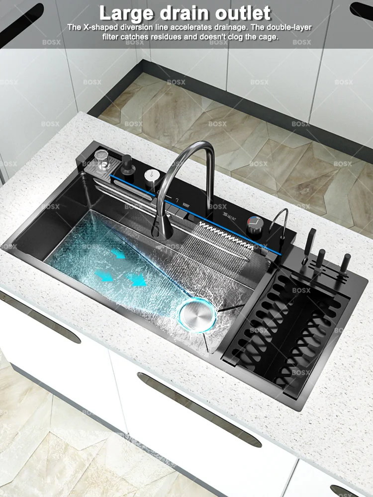 Waterfall Stainless Steel Kitchen Sink Multifunction Digital Display Faucet Wash Dish and Vegetables Basin Large Single Slot Waterfall Stainless Steel Kitchen Sink Multifunction Digital Display Faucet Wash Dish and Vegetables Basin Large Single Slot