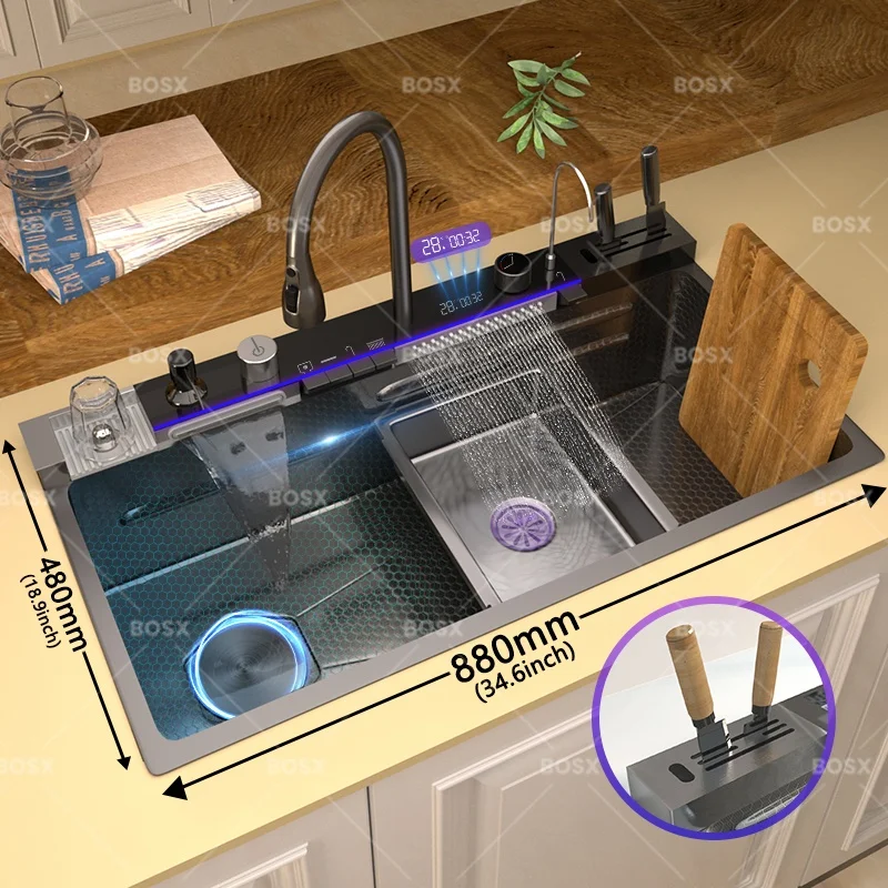 Waterfall Stainless Steel Kitchen Sink Multifunction Digital Display Faucet Wash Dish and Vegetables Basin Large Single Slot Color : 68x45CM-FM-Silver|75x45CM-FM-Silver|80x45CM-FM-Silver|100X50CM-KX-Golden|68x46CM-FM-Right|75x46CM-FM-Right|80x46CM-FM-Right|88X48CM-KH-Right|100x46CM-KZ-Right|88X48CM-KI-Left|100X50CM-KX-Silver|100X50CM-KY-Left|100X50CM-KX-Right Waterfall Stainless Steel Kitchen Sink Multifunction Digital Display Faucet Wash Dish and Vegetables Basin Large Single Slot Color : 68x45CM-FM-Silver|75x45CM-FM-Silver|80x45CM-FM-Silver|100X50CM-KX-Golden|68x46CM-FM-Right|75x46CM-FM-Right|80x46CM-FM-Right|88X48CM-KH-Right|100x46CM-KZ-Right|88X48CM-KI-Left|100X50CM-KX-Silver|100X50CM-KY-Left|100X50CM-KX-Right
