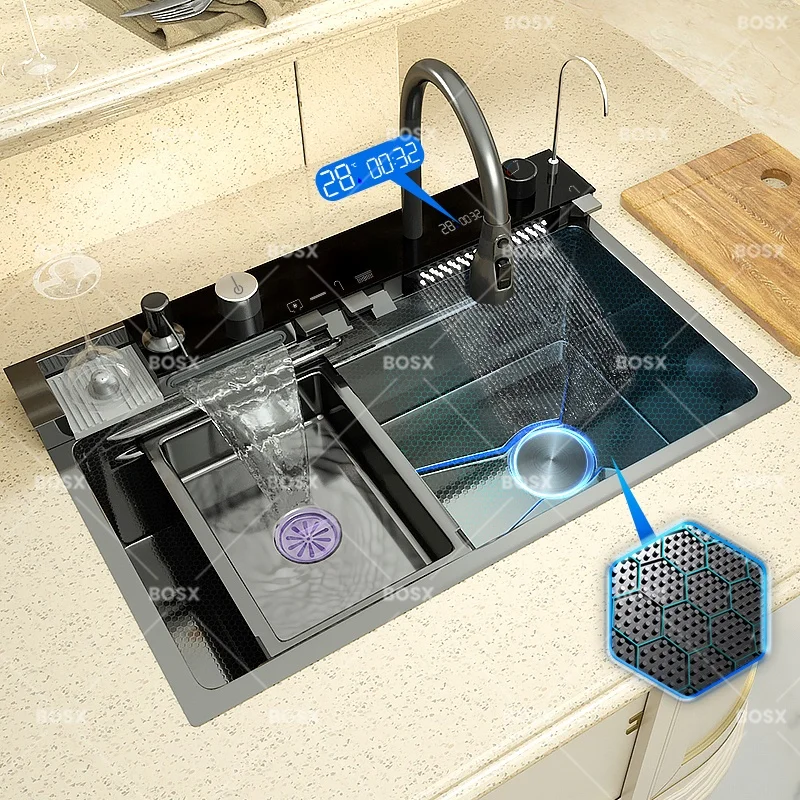 Waterfall Stainless Steel Kitchen Sink Multifunction Digital Display Faucet Wash Dish and Vegetables Basin Large Single Slot Color : 68x45CM-FM-Silver|75x45CM-FM-Silver|80x45CM-FM-Silver|100X50CM-KX-Golden|68x46CM-FM-Right|75x46CM-FM-Right|80x46CM-FM-Right|88X48CM-KH-Right|100x46CM-KZ-Right|88X48CM-KI-Left|100X50CM-KX-Silver|100X50CM-KY-Left|100X50CM-KX-Right Waterfall Stainless Steel Kitchen Sink Multifunction Digital Display Faucet Wash Dish and Vegetables Basin Large Single Slot Color : 68x45CM-FM-Silver|75x45CM-FM-Silver|80x45CM-FM-Silver|100X50CM-KX-Golden|68x46CM-FM-Right|75x46CM-FM-Right|80x46CM-FM-Right|88X48CM-KH-Right|100x46CM-KZ-Right|88X48CM-KI-Left|100X50CM-KX-Silver|100X50CM-KY-Left|100X50CM-KX-Right