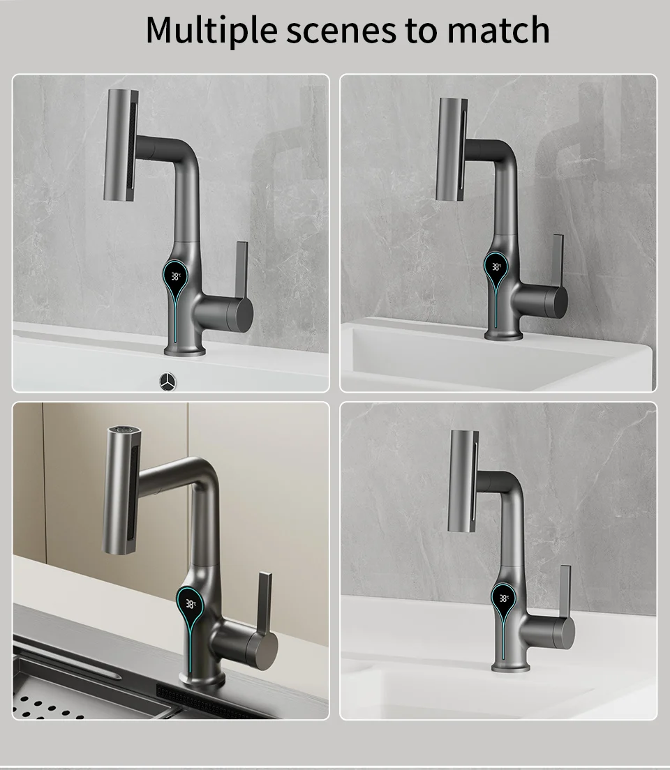 Waterfall Temperature Digital Display Basin Faucet Lift Up Down Stream Sprayer Hot Cold Water Sink Mixer Wash Tap For Bathroom Waterfall Temperature Digital Display Basin Faucet Lift Up Down Stream Sprayer Hot Cold Water Sink Mixer Wash Tap For Bathroom