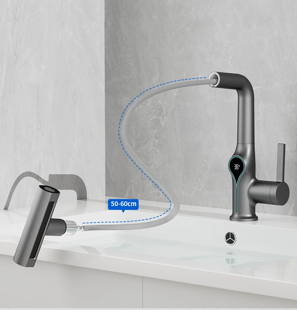 Waterfall Temperature Digital Display Basin Faucet Lift Up Down Stream Sprayer Hot Cold Water Sink Mixer Wash Tap For Bathroom Waterfall Temperature Digital Display Basin Faucet Lift Up Down Stream Sprayer Hot Cold Water Sink Mixer Wash Tap For Bathroom