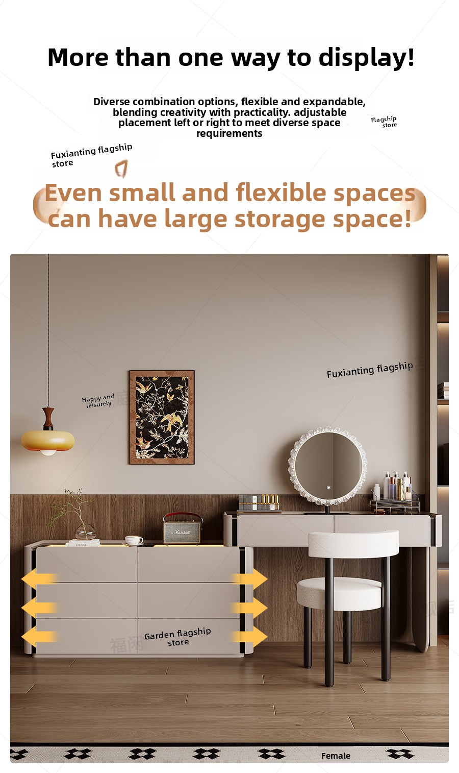 Modern Vanity with Mirror Jewelry Cabinet Stool Makeup Console Chests Vanity