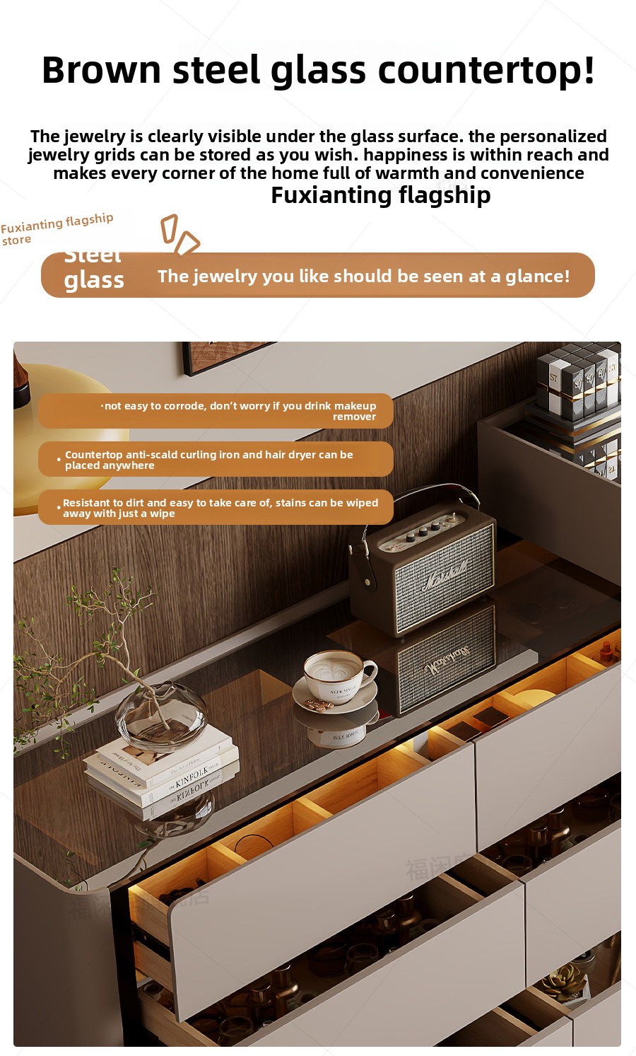 Modern Vanity with Mirror Jewelry Cabinet Stool Makeup Console Chests Vanity