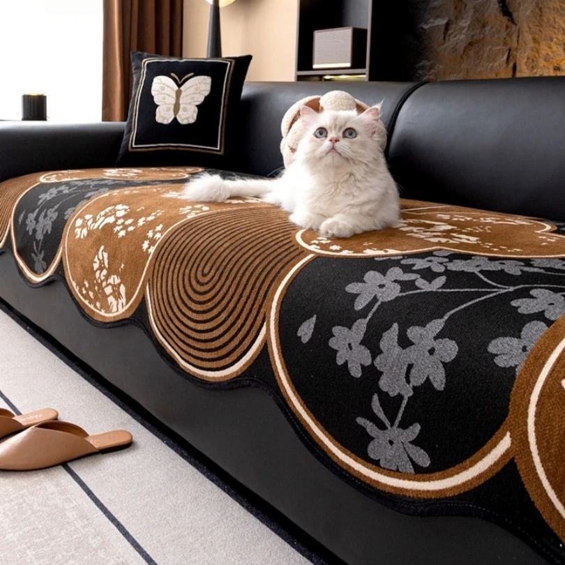 1pc Floral Jacquard Unique Shape Anti-Slip Chenille Sofa Cover