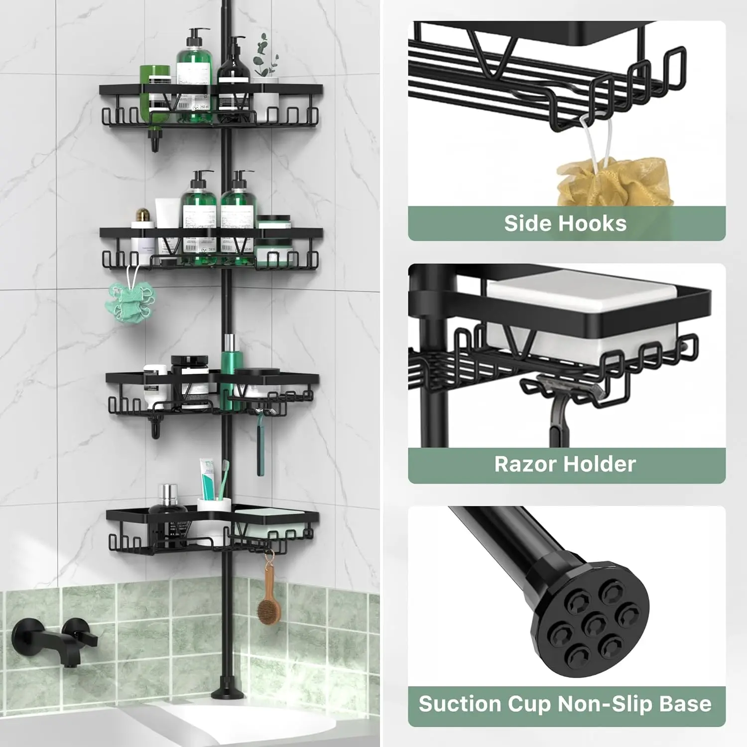 4-Tier Stainless Steel Adjustable Shower Caddy Tension Pole for Bathroom Organization