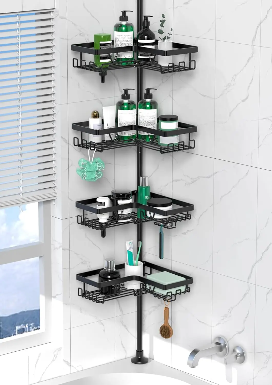 4-Tier Stainless Steel Adjustable Shower Caddy Tension Pole for Bathroom Organization