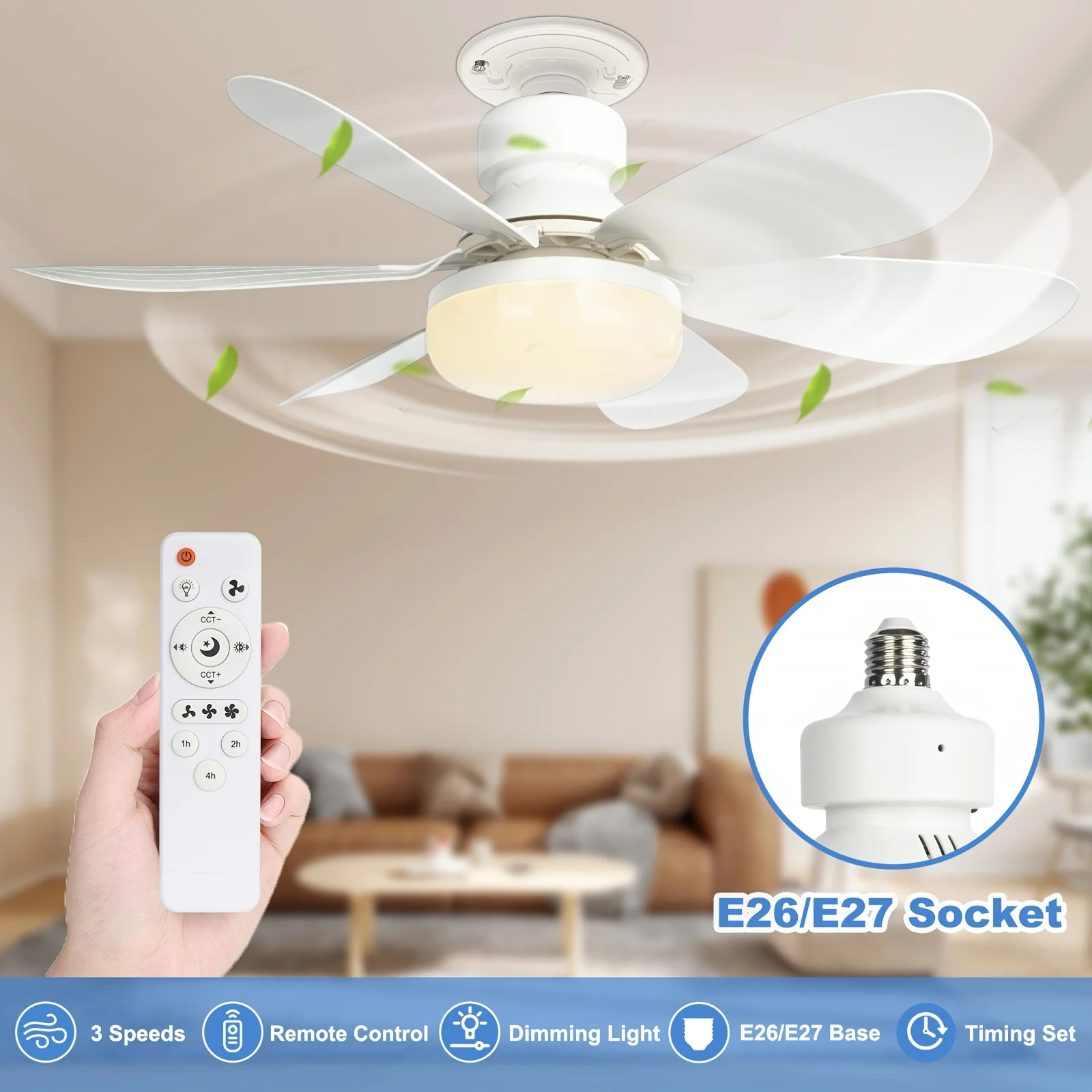 40W Socket Fan Light, 21.5″ Screw Ceiling Fan with Light and Remote LIGHTING Blade Color : Fan Light-White|Fan Light-Color 40W Socket Fan Light, 21.5