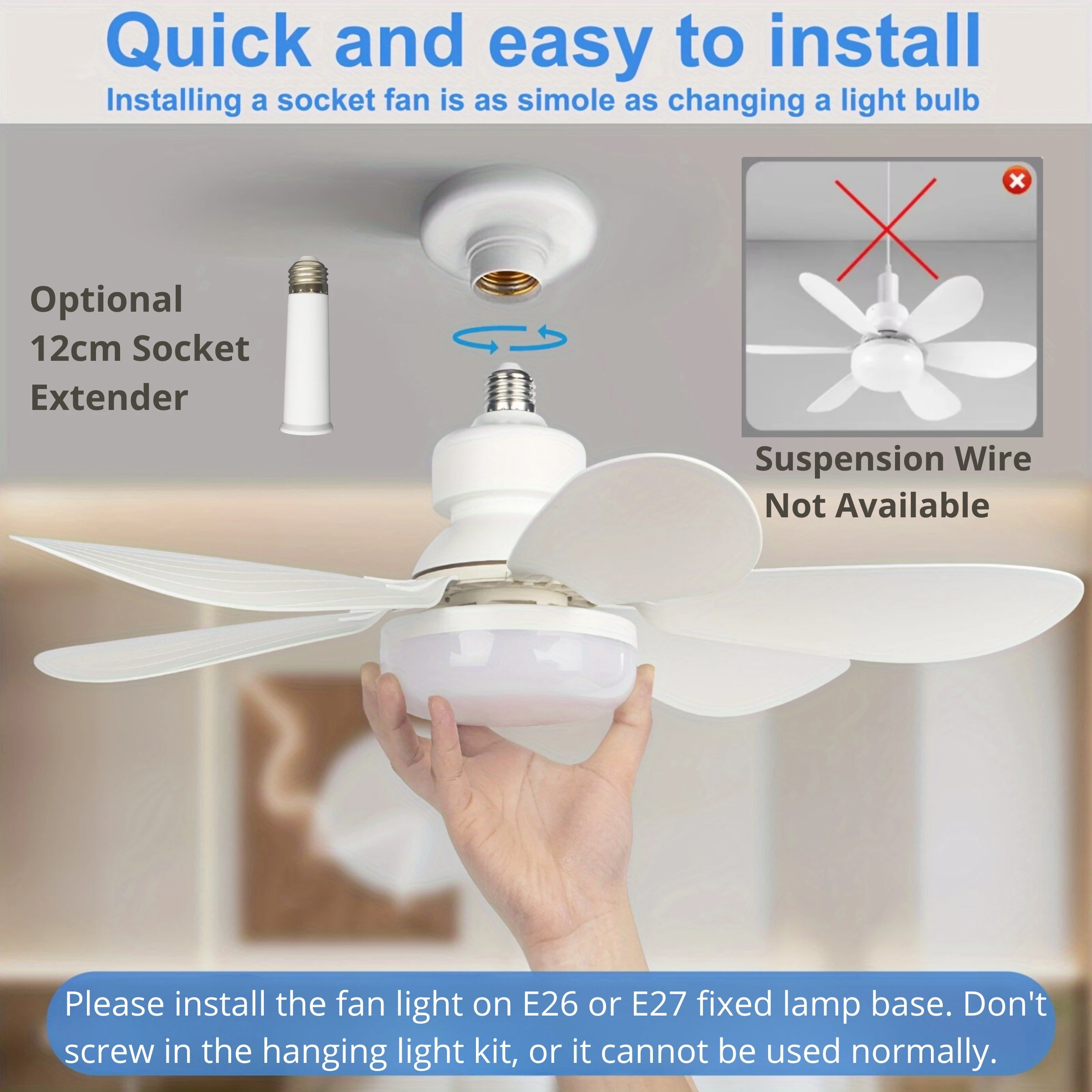 40W Socket Fan Light, 21.5″ Screw Ceiling Fan with Light and Remote LIGHTING Blade Color : Fan Light-White|Fan Light-Color 40W Socket Fan Light, 21.5