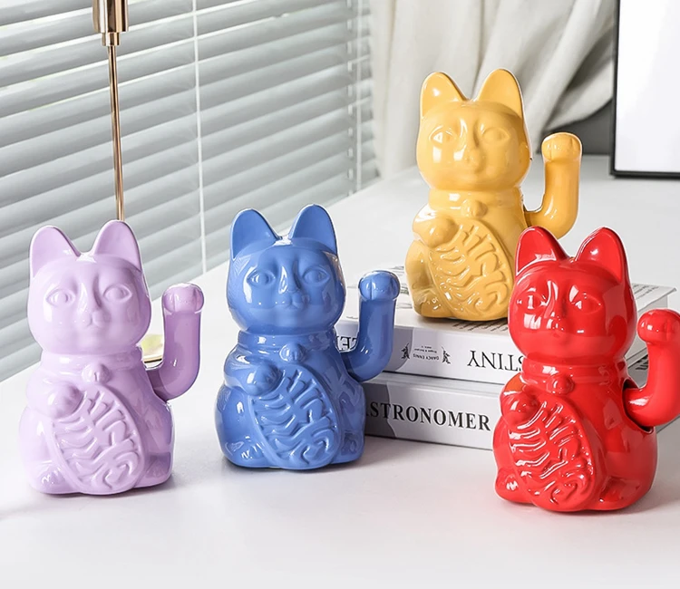 5.9 Inch Ceramic Lucky Cat Waving Arm Maneki Neko Beckoning Cat for Fortune
