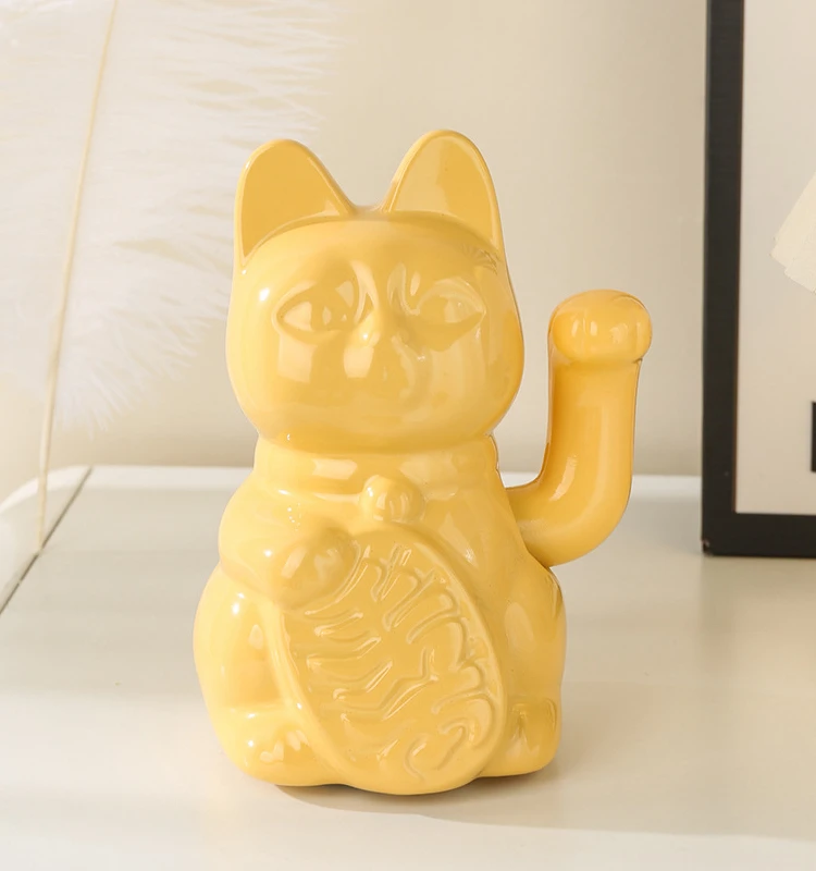 5.9 Inch Ceramic Lucky Cat Waving Arm Maneki Neko Beckoning Cat for Fortune