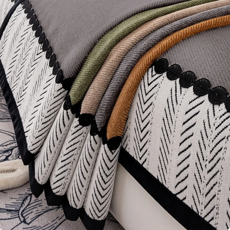 Contrast Hem Twill Chenille Sofa Cover for All Seasons Living Room