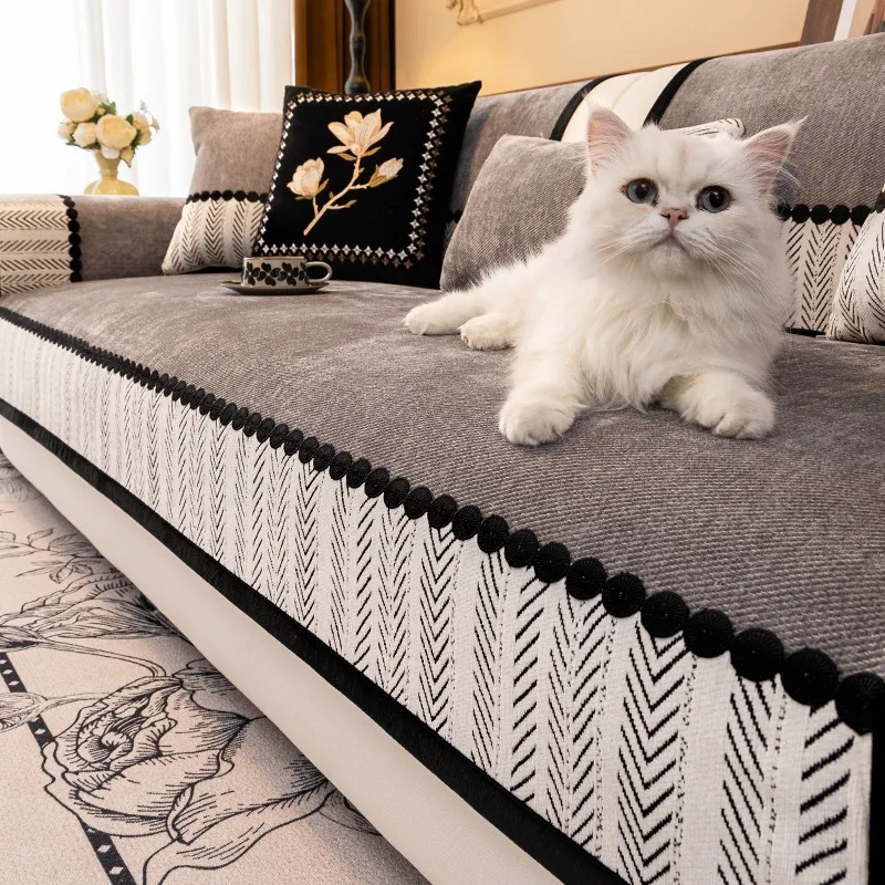 Contrast Hem Twill Chenille Sofa Cover for All Seasons Living Room