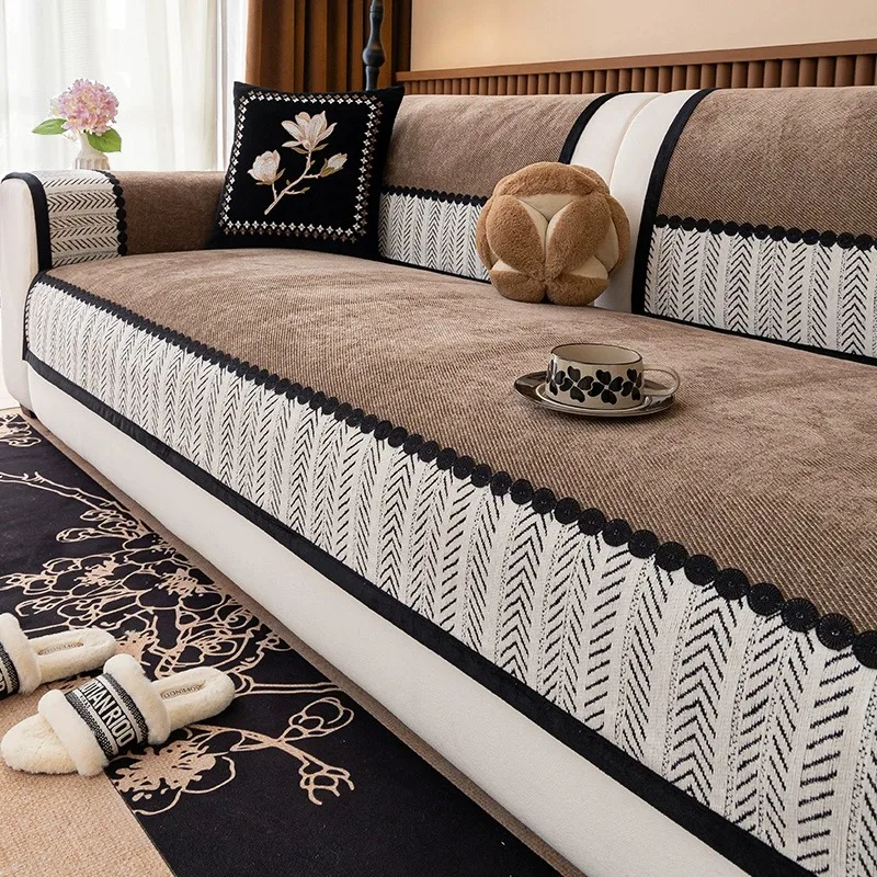 Contrast Hem Twill Chenille Sofa Cover for All Seasons Living Room