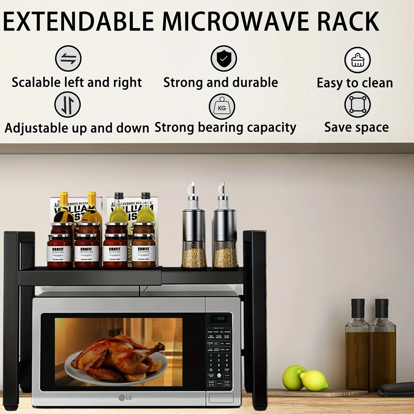 Expandable Microwave Shelf Microwave Holder with 6 Hooks KITCHEN & DINNING Color : White|Black Expandable Microwave Shelf Microwave Holder with 6 Hooks KITCHEN & DINNING Color : White|Black