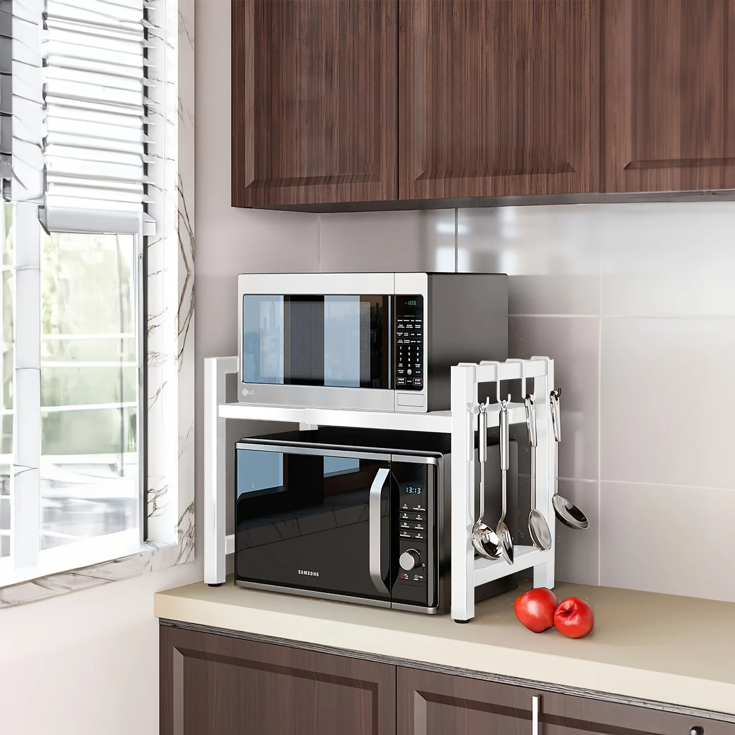 Expandable Microwave Shelf Microwave Holder with 6 Hooks