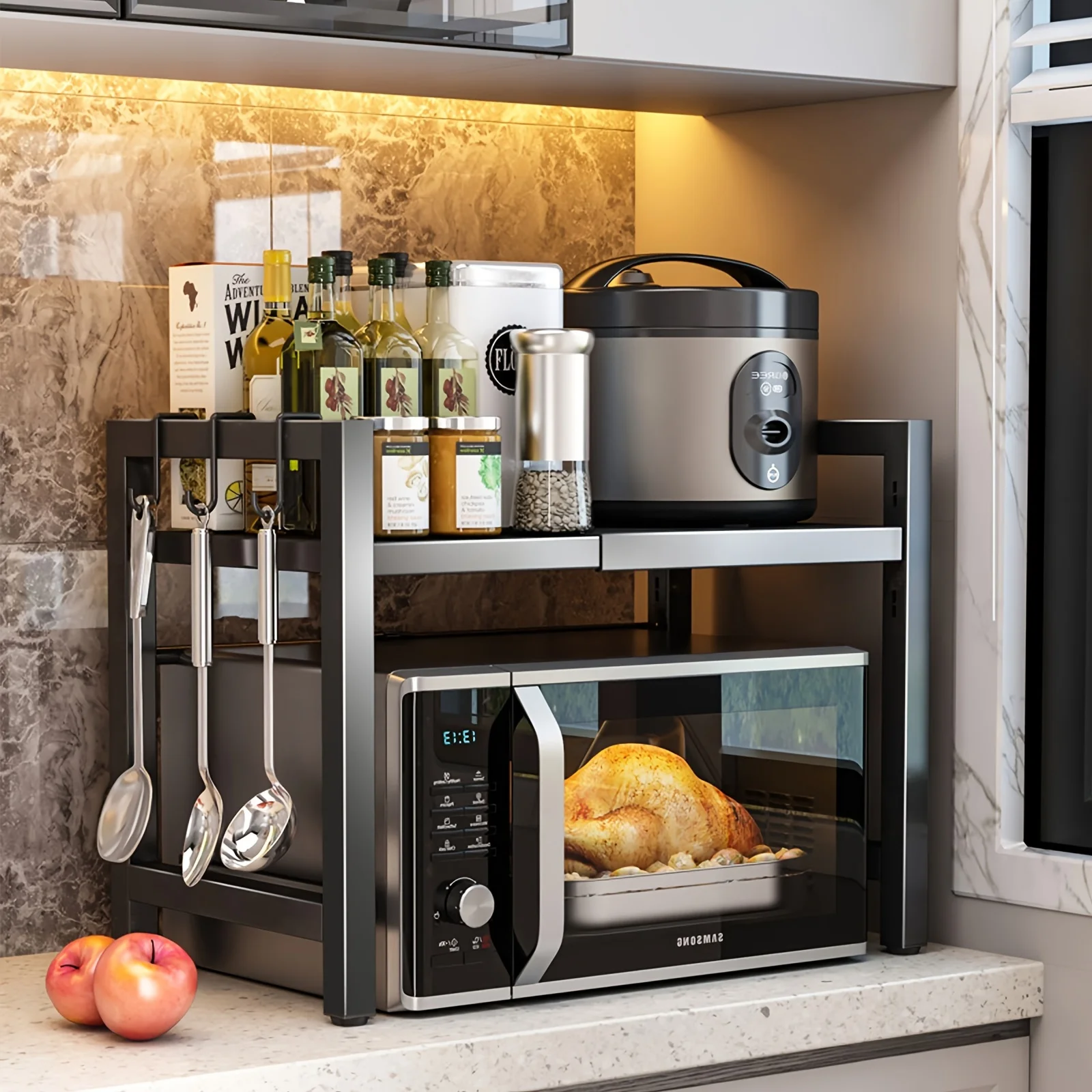 Expandable Microwave Shelf Microwave Holder with 6 Hooks KITCHEN & DINNING Color : White|Black Expandable Microwave Shelf Microwave Holder with 6 Hooks KITCHEN & DINNING Color : White|Black