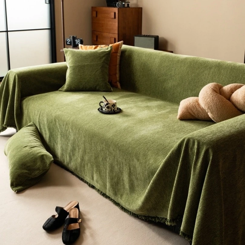 Minimalist Herribone Style Chenille Sofa Towel with Tassels Edge Sofa Cover
