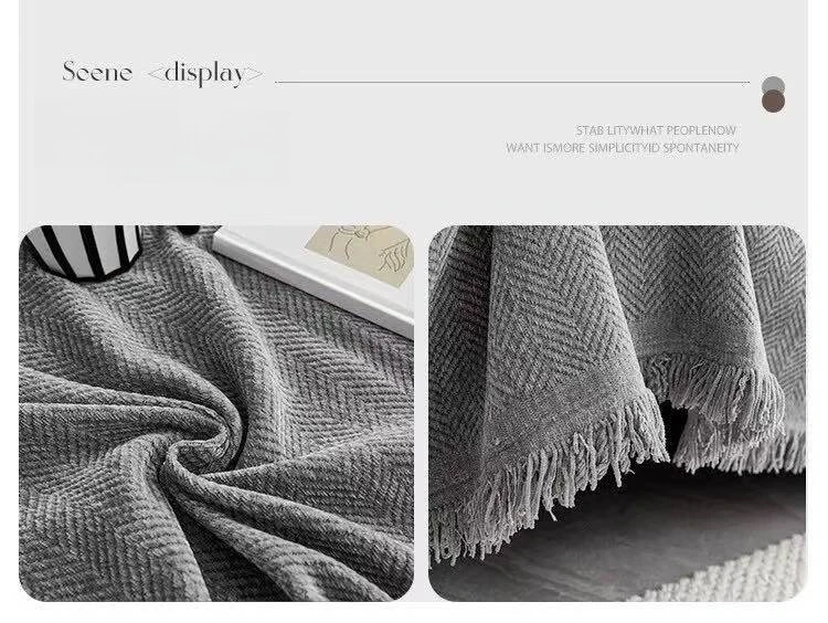 Minimalist Herribone Style Chenille Sofa Towel with Tassels Edge Sofa Cover