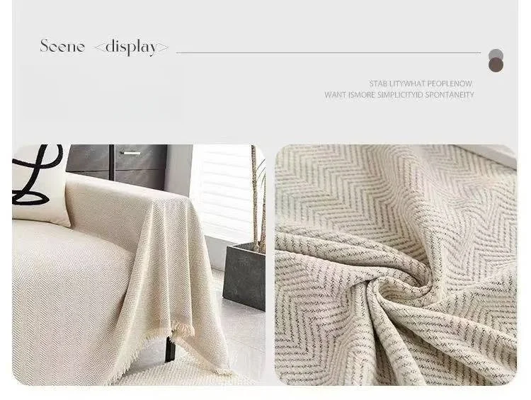 Minimalist Herribone Style Chenille Sofa Towel with Tassels Edge Sofa Cover