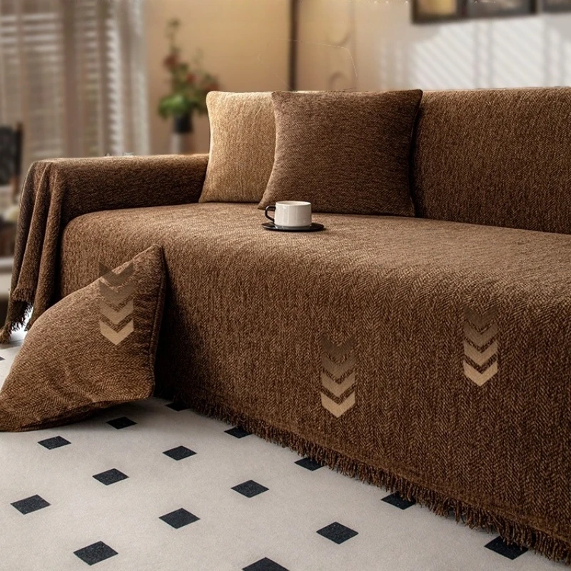 Minimalist Herribone Style Chenille Sofa Towel with Tassels Edge Sofa Cover