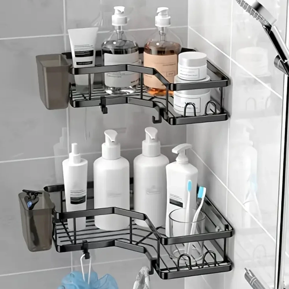 No Drilling Stainless Steel Triangle Double Layer Shelf BATHROOM SHELVES Color : MULTI|WHITE|shelf-hei|shelf-yin No Drilling Stainless Steel Triangle Double Layer Shelf BATHROOM SHELVES Color : MULTI|WHITE|shelf-hei|shelf-yin