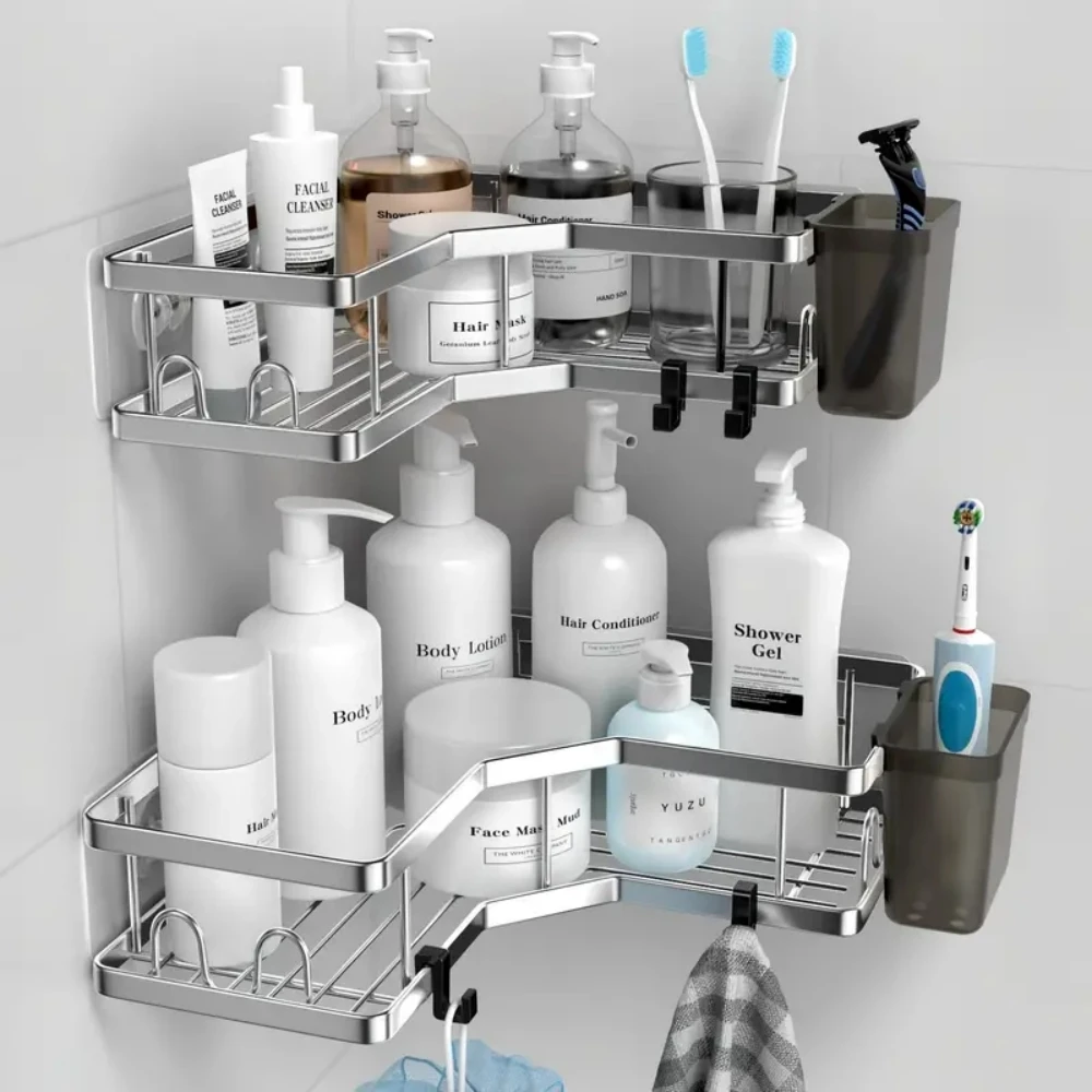 No Drilling Stainless Steel Triangle Double Layer Shelf BATHROOM SHELVES Color : MULTI|WHITE|shelf-hei|shelf-yin No Drilling Stainless Steel Triangle Double Layer Shelf BATHROOM SHELVES Color : MULTI|WHITE|shelf-hei|shelf-yin