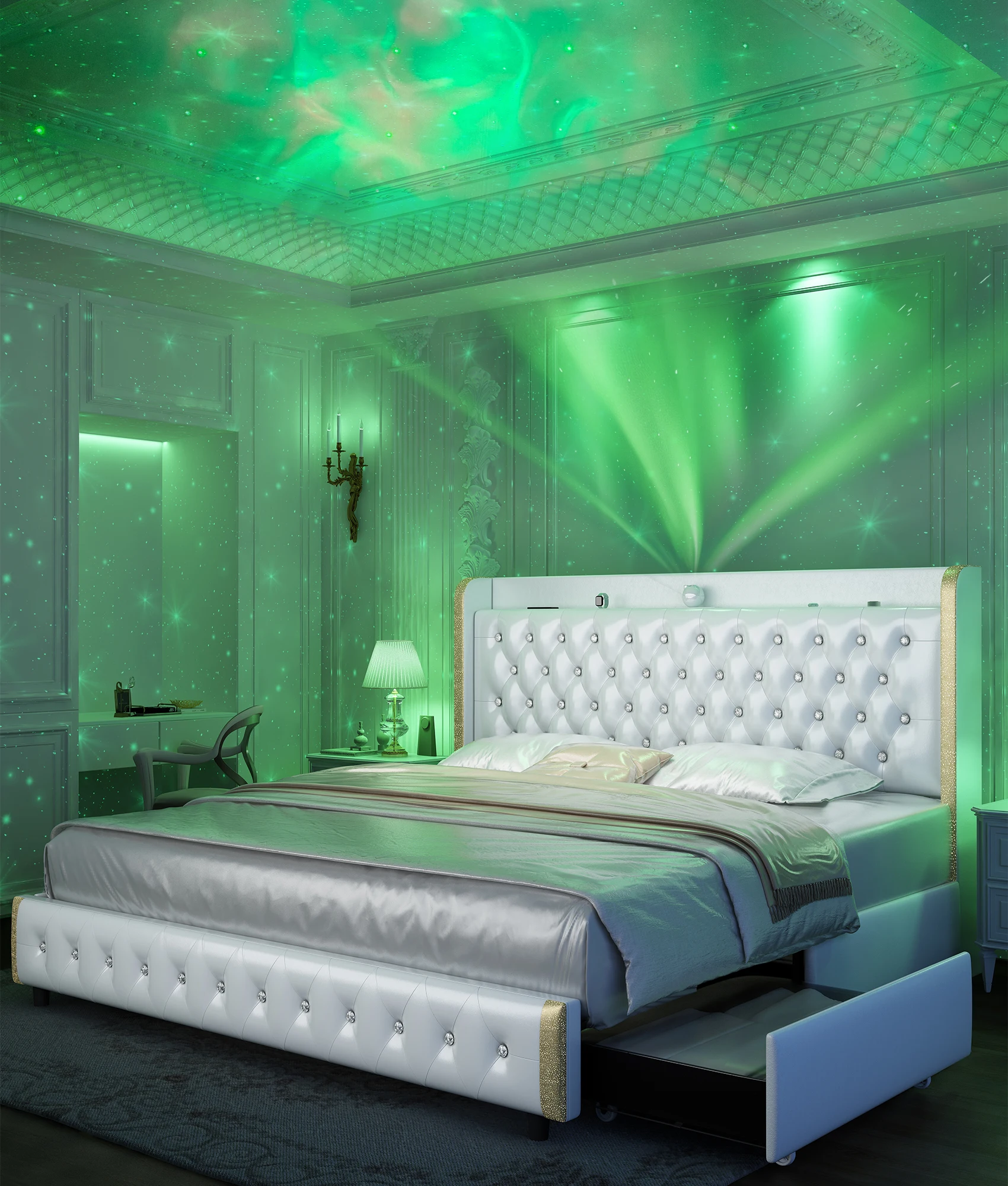 Queen LED Bed Frame with Galaxy Projector MODERN FURNITURES Size: Full xl|Queen|King Color: PU White Ships From: United States Queen LED Bed Frame with Galaxy Projector MODERN FURNITURES Size: Full xl|Queen|King Color: PU White Ships From: United States