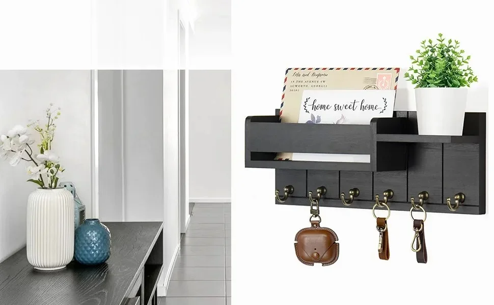 Rustic Wood Key Holder with Shelf Wall Mounted Decorative Key Rack And Mail Organizer 6 Key Hooks for Living Room Entrance