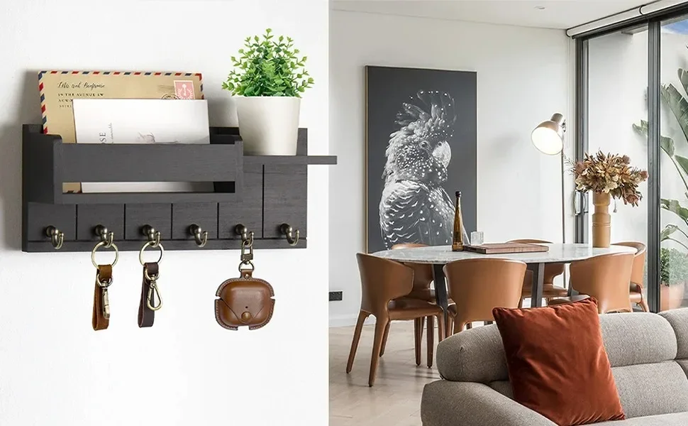 Rustic Wood Key Holder with Shelf Wall Mounted Decorative Key Rack And Mail Organizer 6 Key Hooks for Living Room Entrance