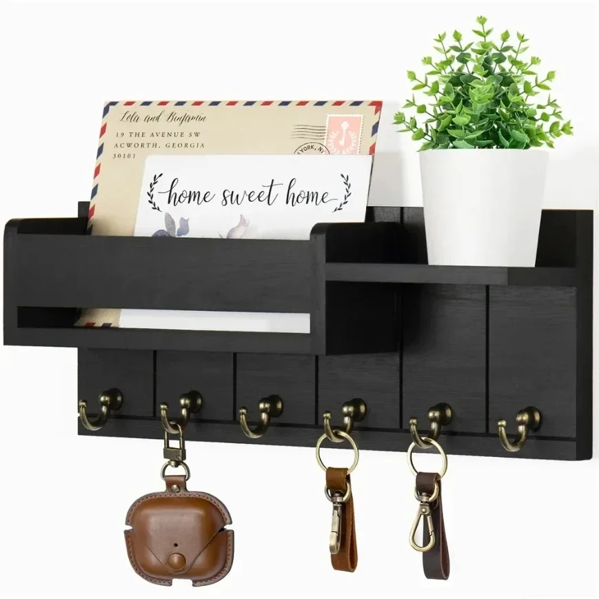 Rustic Wood Key Holder with Shelf Wall Mounted Decorative Key Rack And Mail Organizer 6 Key Hooks for Living Room Entrance
