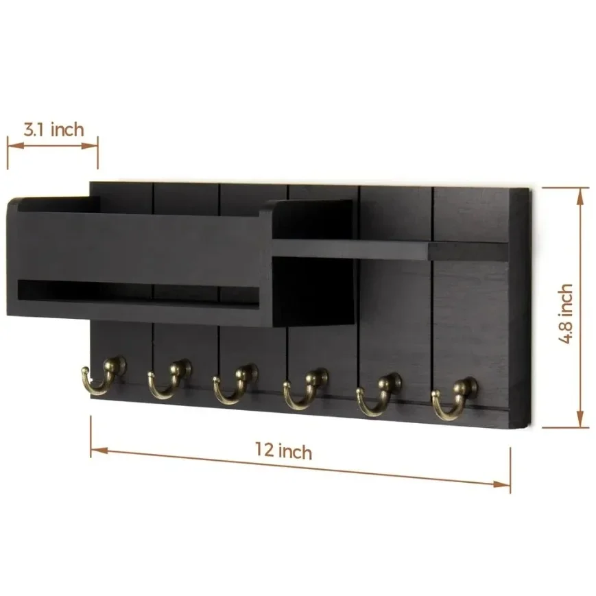 Rustic Wood Key Holder with Shelf Wall Mounted Decorative Key Rack And Mail Organizer 6 Key Hooks for Living Room Entrance