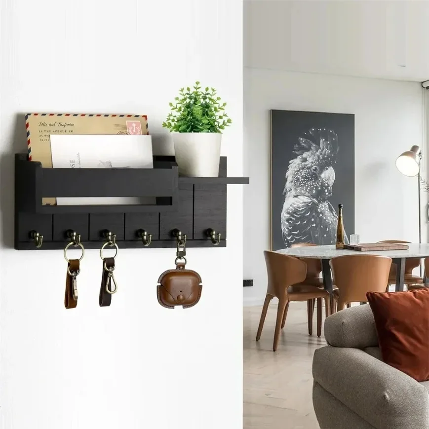 Rustic Wood Key Holder with Shelf Wall Mounted Decorative Key Rack And Mail Organizer 6 Key Hooks for Living Room Entrance