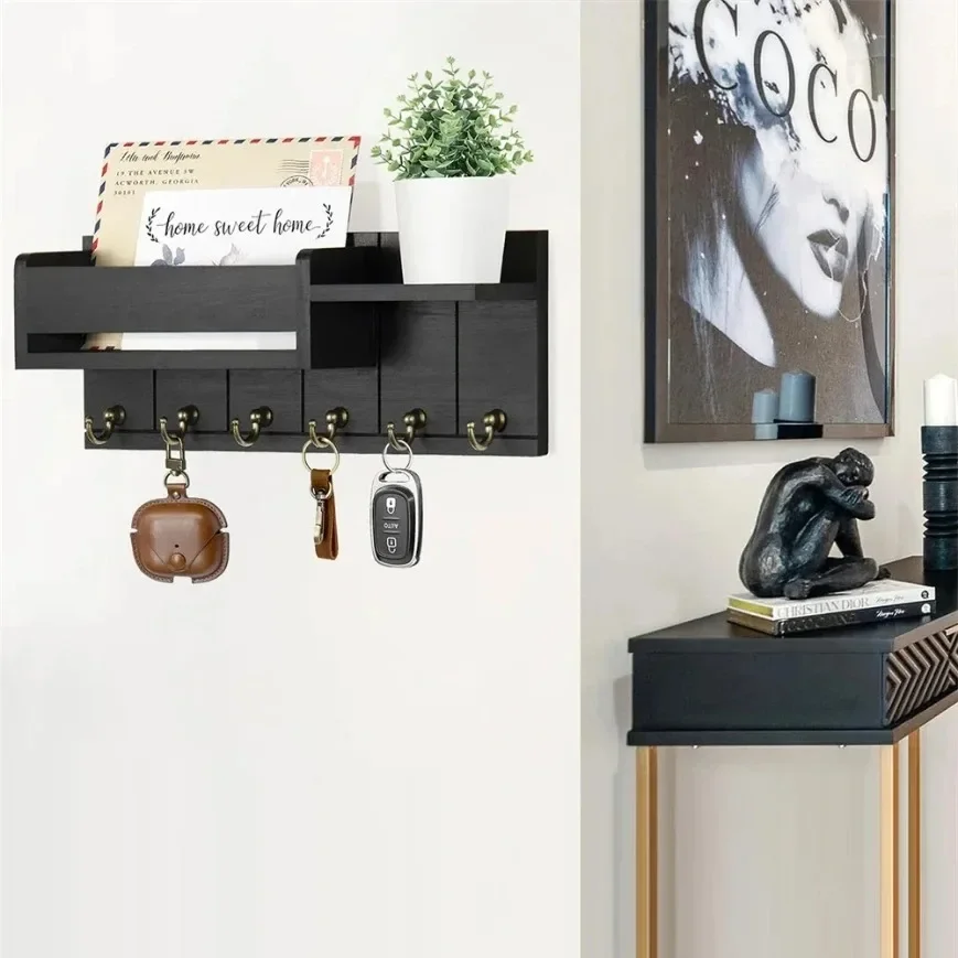 Rustic Wood Key Holder with Shelf Wall Mounted Decorative Key Rack And Mail Organizer 6 Key Hooks for Living Room Entrance