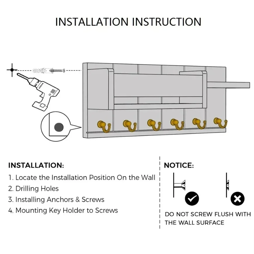 Rustic Wood Key Holder with Shelf Wall Mounted Decorative Key Rack And Mail Organizer 6 Key Hooks for Living Room Entrance