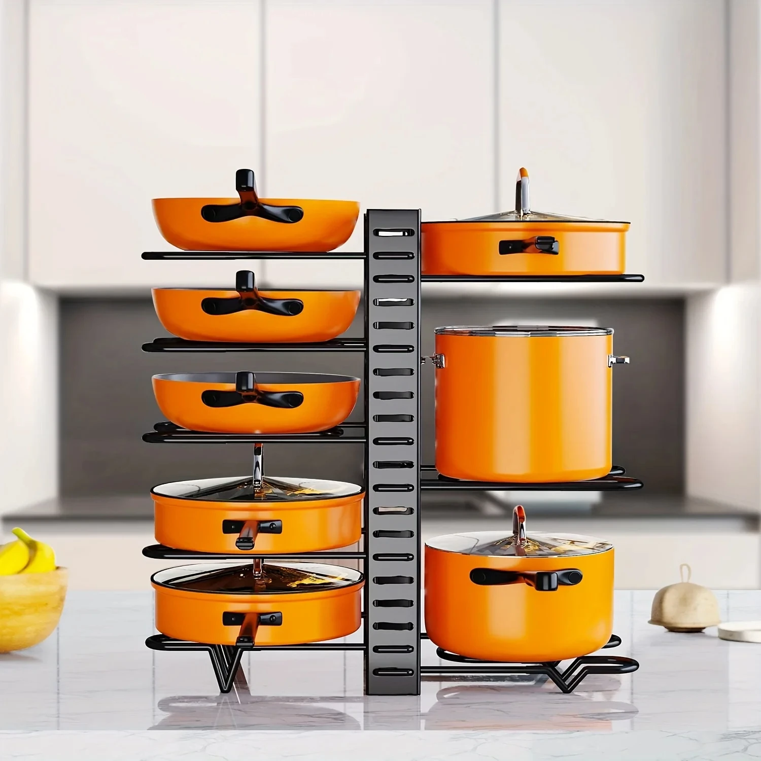 Space-Saving 8-Tier Pot Rack Organizer Space-Saving 8-Tier Pot Rack Organizer