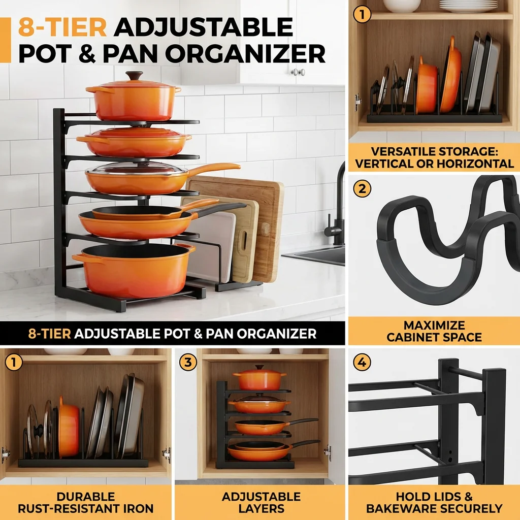 Space-Saving 8-Tier Pot Rack Organizer Space-Saving 8-Tier Pot Rack Organizer
