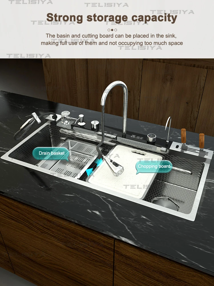 Stainless Steel Kitchen Sink Digital Display Waterfall Wash Dish Basin Multifunctional With Rack For Knife Large Single Slot Stainless Steel Kitchen Sink Digital Display Waterfall Wash Dish Basin Multifunctional With Rack For Knife Large Single Slot