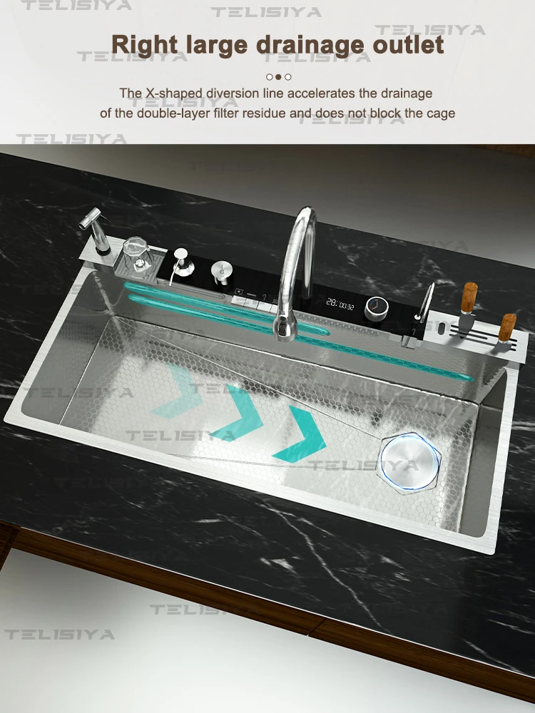 Stainless Steel Kitchen Sink Digital Display Waterfall Wash Dish Basin Multifunctional With Rack For Knife Large Single Slot Stainless Steel Kitchen Sink Digital Display Waterfall Wash Dish Basin Multifunctional With Rack For Knife Large Single Slot