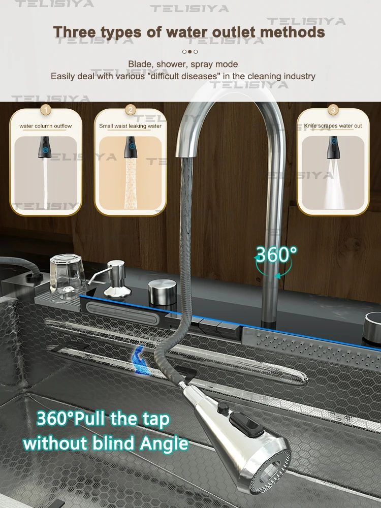 Stainless Steel Kitchen Sink Digital Display Waterfall Wash Dish Basin Multifunctional With Rack For Knife Large Single Slot Stainless Steel Kitchen Sink Digital Display Waterfall Wash Dish Basin Multifunctional With Rack For Knife Large Single Slot