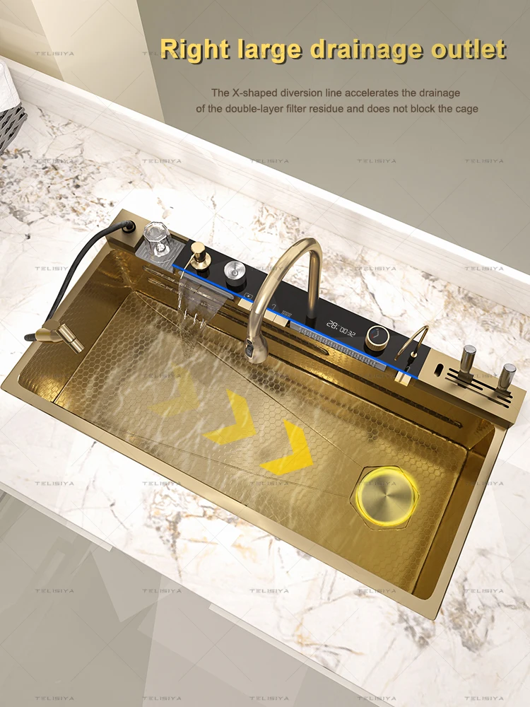 Stainless Steel Kitchen Sink Digital Display Waterfall Wash Dish Basin Multifunctional With Rack For Knife Large Single Slot Stainless Steel Kitchen Sink Digital Display Waterfall Wash Dish Basin Multifunctional With Rack For Knife Large Single Slot