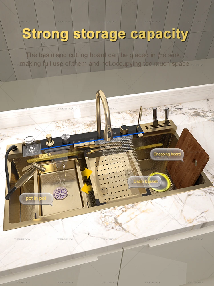 Stainless Steel Kitchen Sink Digital Display Waterfall Wash Dish Basin Multifunctional With Rack For Knife Large Single Slot Stainless Steel Kitchen Sink Digital Display Waterfall Wash Dish Basin Multifunctional With Rack For Knife Large Single Slot